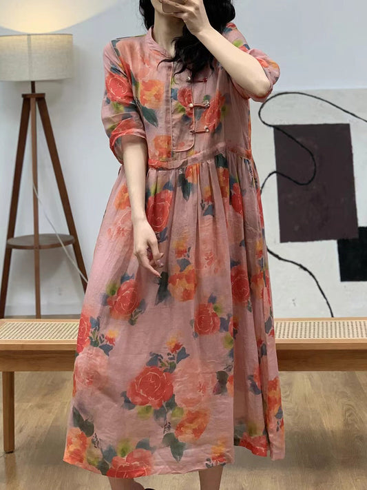 Women Summer Ethnic Flower Linen Strap Dress AA1045 Ada Fashion