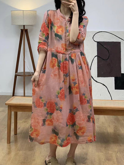 Women Summer Ethnic Flower Linen Strap Dress AA1045 Ada Fashion