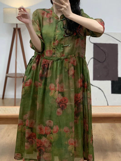 Women Summer Ethnic Flower Linen Strap Dress AA1045 Ada Fashion