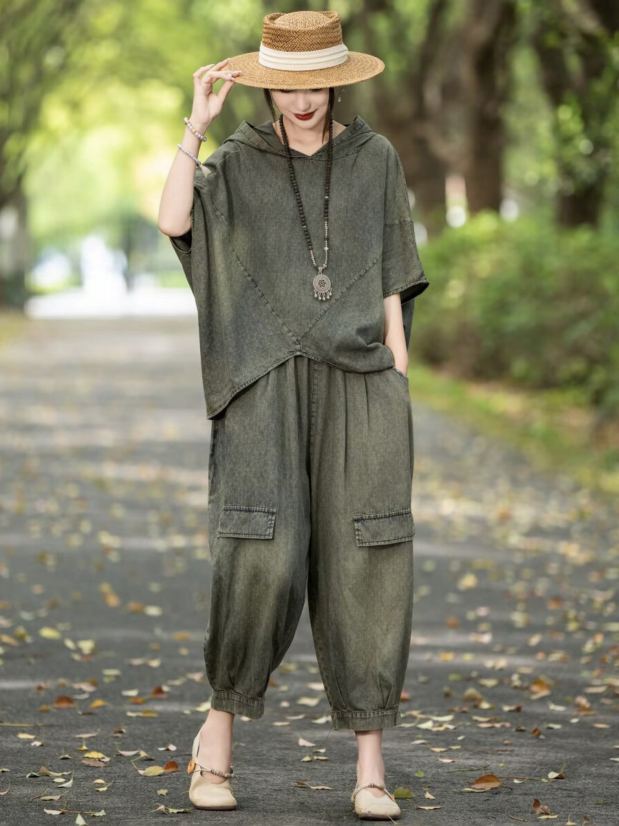 Women Retro Summer Solid Denim Spliced Hooded Shirt+Pants AA1055 Ada Fashion