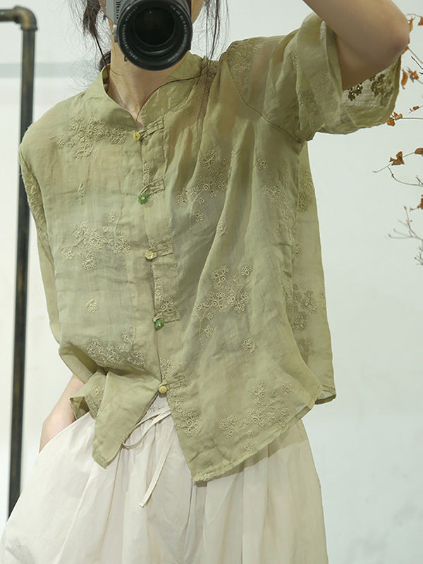 Women Ethnic Solid Embroidery Button-up Linen Shirt AA1051 Ada Fashion