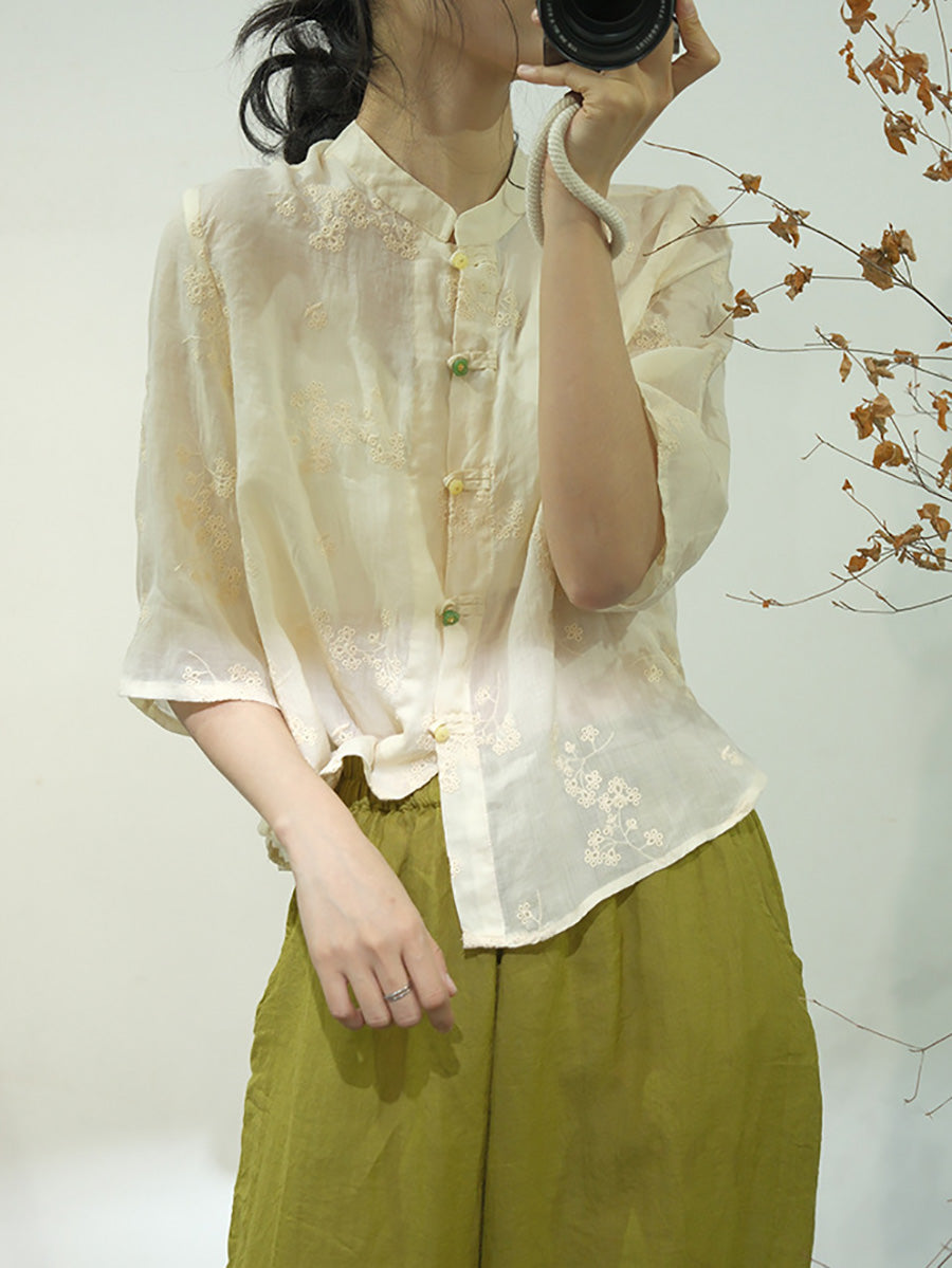 Women Ethnic Solid Embroidery Button-up Linen Shirt AA1051 Ada Fashion