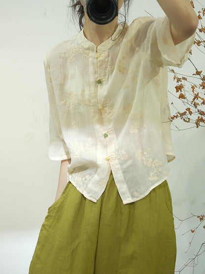 Women Ethnic Solid Embroidery Button-up Linen Shirt AA1051 Ada Fashion