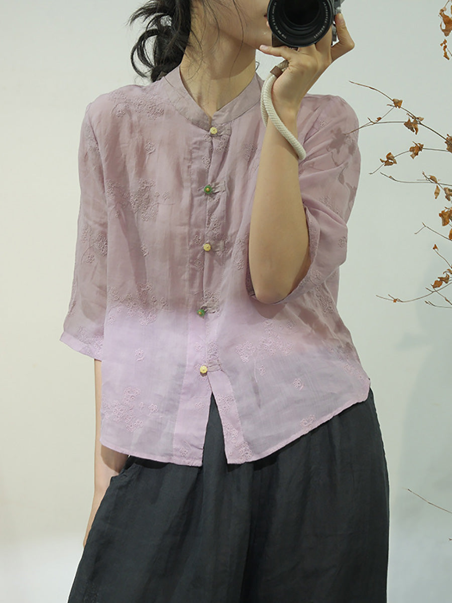 Women Ethnic Solid Embroidery Button-up Linen Shirt AA1051 Ada Fashion