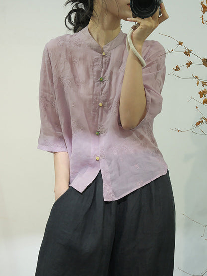 Women Ethnic Solid Embroidery Button-up Linen Shirt AA1051 Ada Fashion