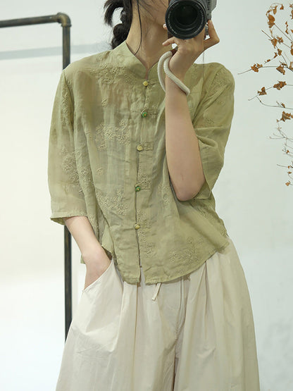 Women Ethnic Solid Embroidery Button-up Linen Shirt AA1051 Ada Fashion