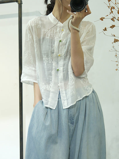 Women Ethnic Solid Embroidery Button-up Linen Shirt AA1051 Ada Fashion