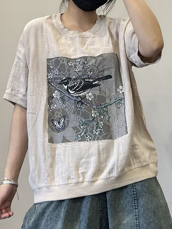 Women Casual Summer Bird Spliced Cotton Shirt AA1052 Ada Fashion
