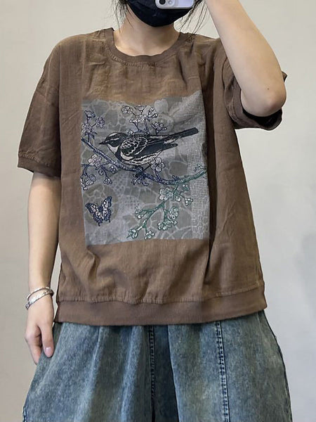 Women Casual Summer Bird Spliced Cotton Shirt AA1052 Ada Fashion