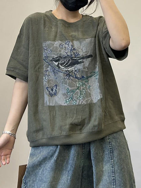 Women Casual Summer Bird Spliced Cotton Shirt AA1052 Ada Fashion