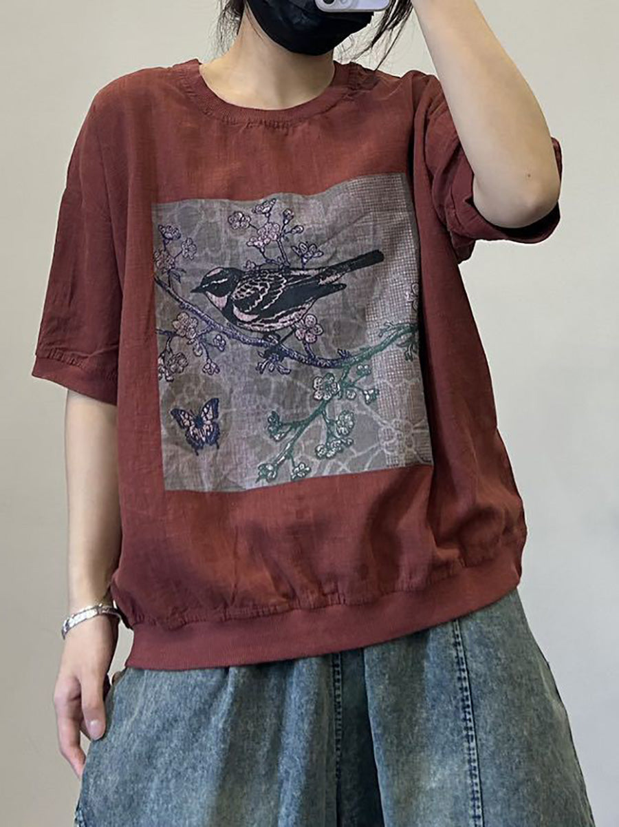 Women Casual Summer Bird Spliced Cotton Shirt AA1052 Ada Fashion