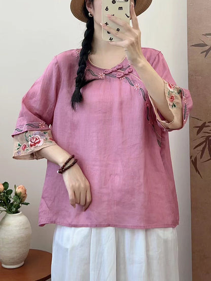 Women Summer Ethnic Embroidery Ramie Shirt QW1033 Ada Fashion