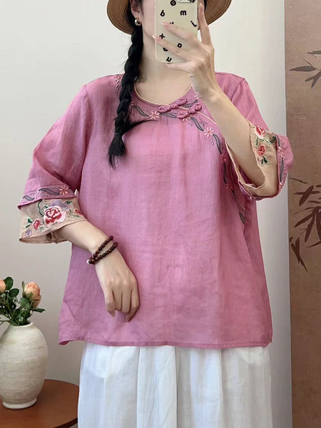 Women Summer Ethnic Embroidery Ramie Shirt QW1033 Ada Fashion