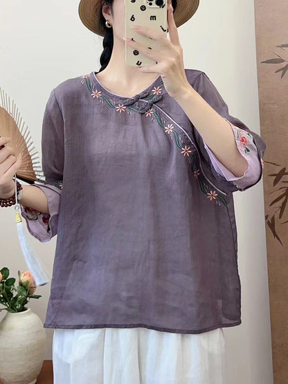 Women Summer Ethnic Embroidery Ramie Shirt QW1033 Ada Fashion
