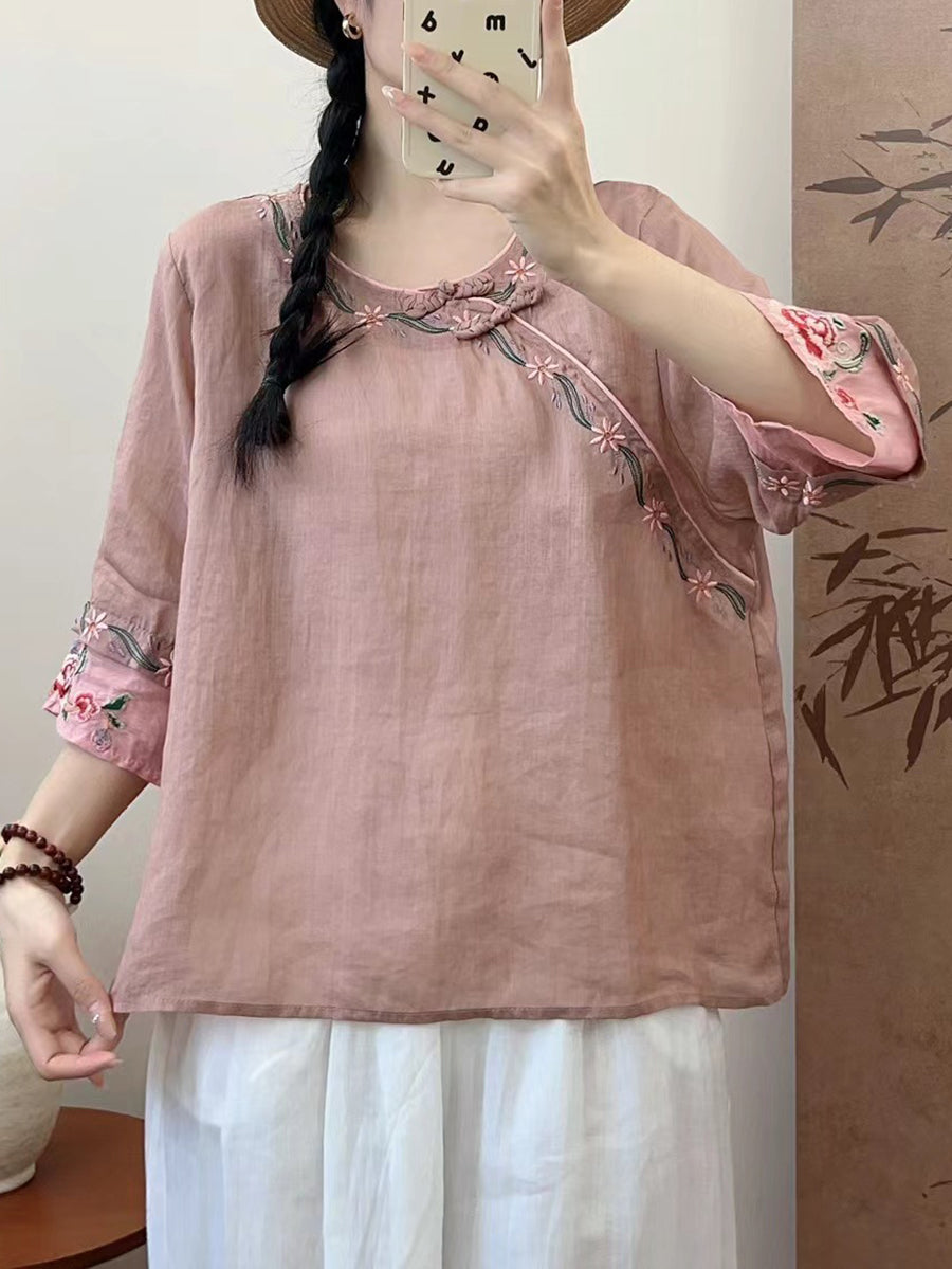 Women Summer Ethnic Embroidery Ramie Shirt QW1033 Ada Fashion