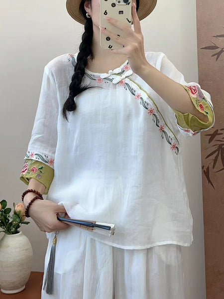 Women Summer Ethnic Embroidery Ramie Shirt QW1033 Ada Fashion