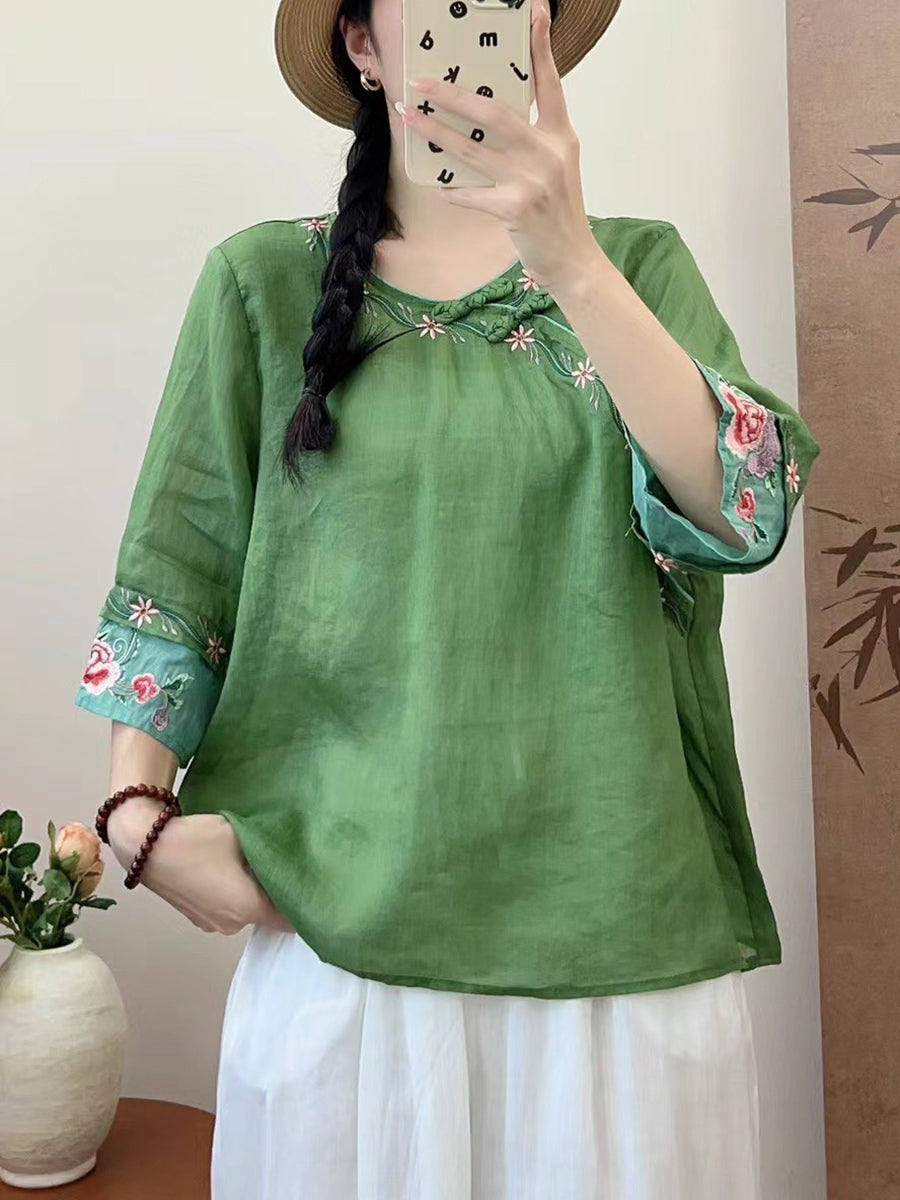 Women Summer Ethnic Embroidery Ramie Shirt QW1033 Ada Fashion