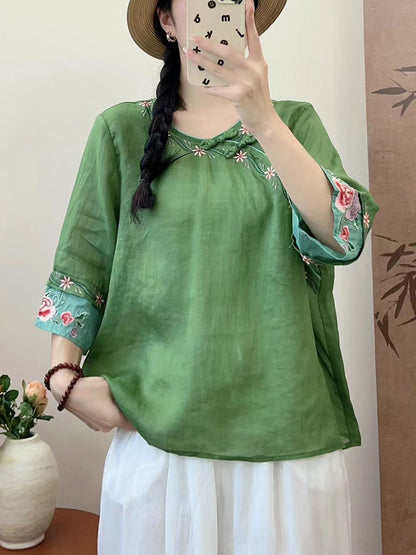 Women Summer Ethnic Embroidery Ramie Shirt QW1033 Ada Fashion