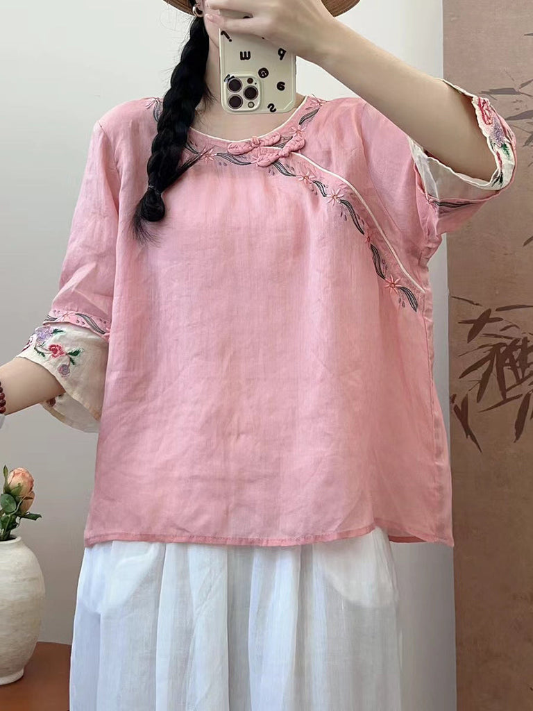 Women Summer Ethnic Embroidery Ramie Shirt QW1033 Ada Fashion