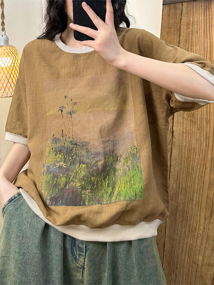 Women Summer Casual Spliced Linen Loose Shirt QW1041 Ada Fashion