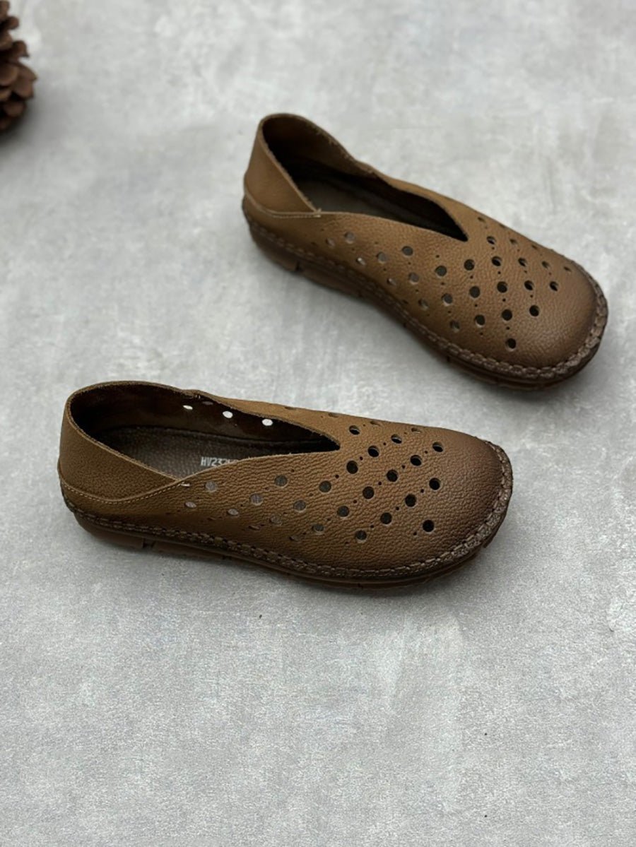 Women Summer Vintage Leather Cutout Flat Shoes QW1051 Ada Fashion