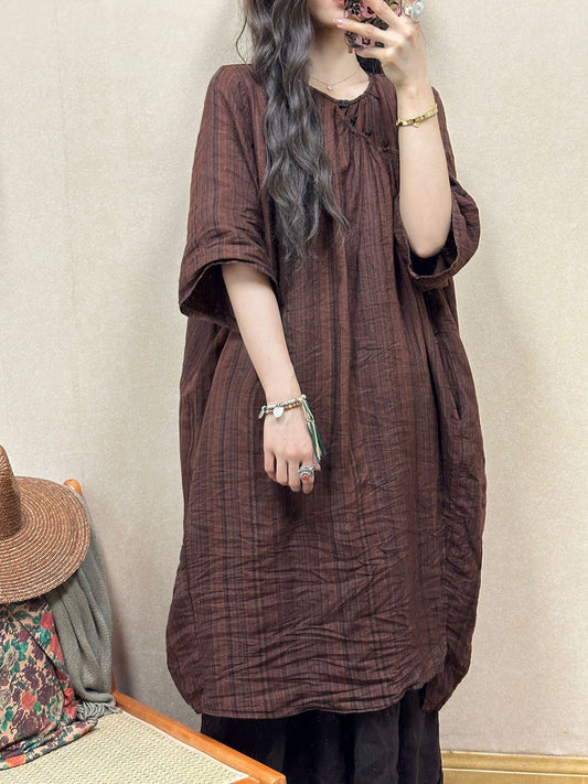 Women Retro Summer Stripe Linen Loose Dress QW1001 Ada Fashion