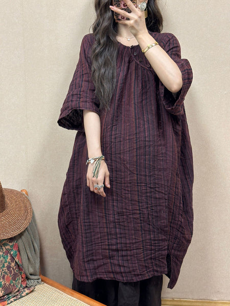 Women Retro Summer Stripe Linen Loose Dress QW1001 Ada Fashion