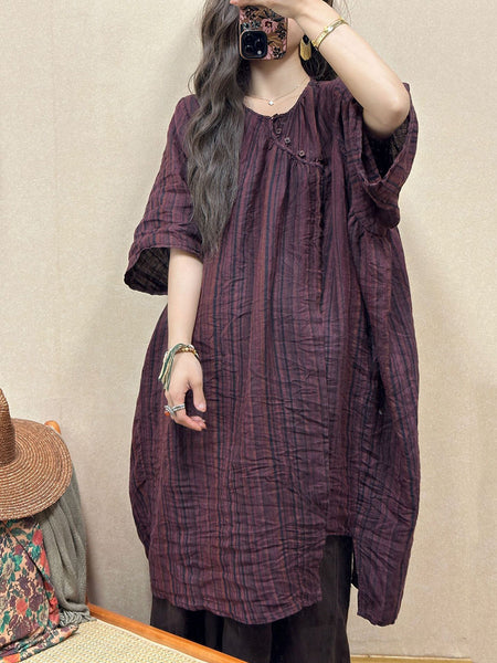 Women Retro Summer Stripe Linen Loose Dress QW1001 Ada Fashion