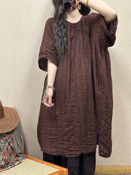 Women Retro Summer Stripe Linen Loose Dress QW1001 Ada Fashion