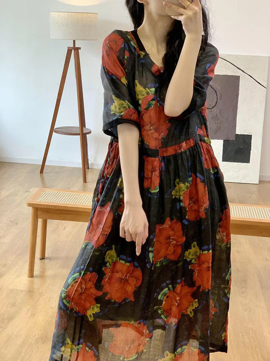 Women Summer Artsy Floral V-Neck Linen Dress QW1023 Ada Fashion