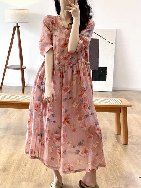 Women Summer Artsy Floral V-Neck Linen Dress QW1023 Ada Fashion