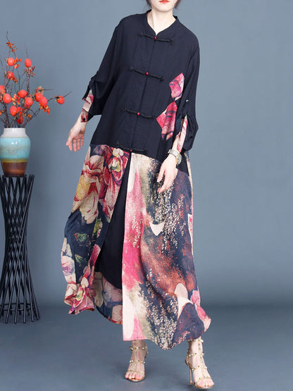 Women Summer Ethnic Flower Spliced Long Shirt Coat QW1008 Ada Fashion