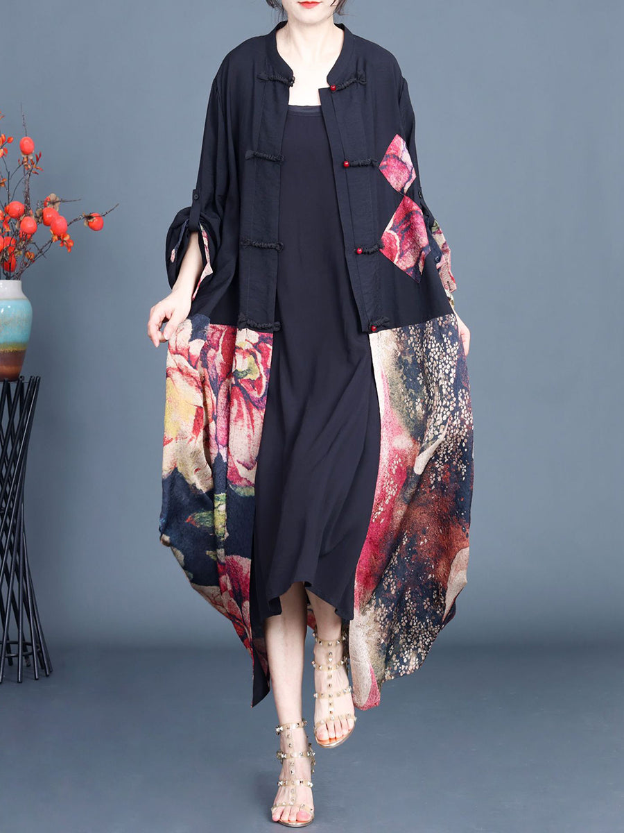 Women Summer Ethnic Flower Spliced Long Shirt Coat QW1008 Ada Fashion