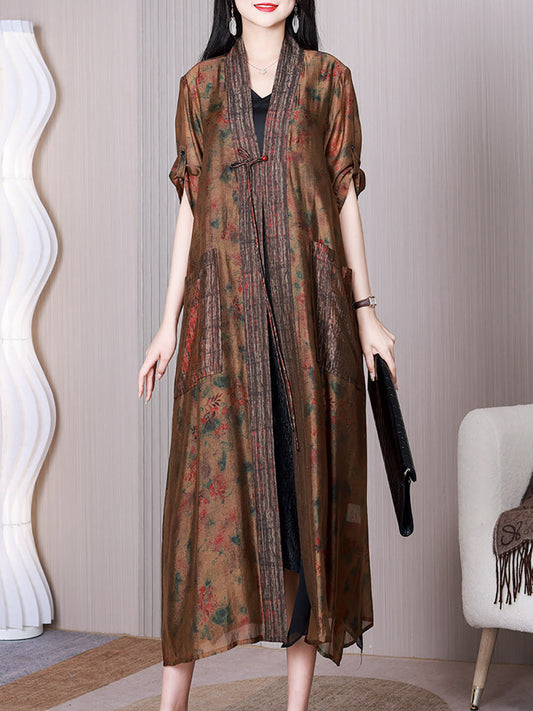 Women Summer Retro Floral Spliced Silk Long Shirt Coat QW1009 Ada Fashion