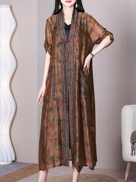 Women Summer Retro Floral Spliced Silk Long Shirt Coat QW1009 Ada Fashion
