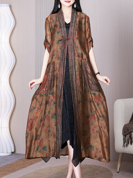 Women Summer Retro Floral Spliced Silk Long Shirt Coat QW1009 Ada Fashion