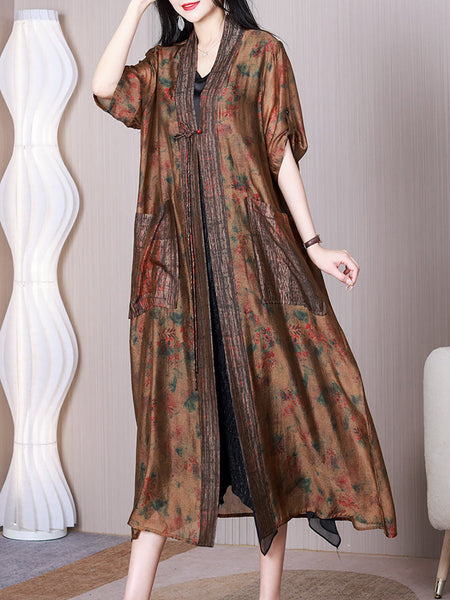 Women Summer Retro Floral Spliced Silk Long Shirt Coat QW1009 Ada Fashion