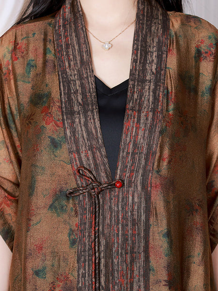 Women Summer Retro Floral Spliced Silk Long Shirt Coat QW1009 Ada Fashion