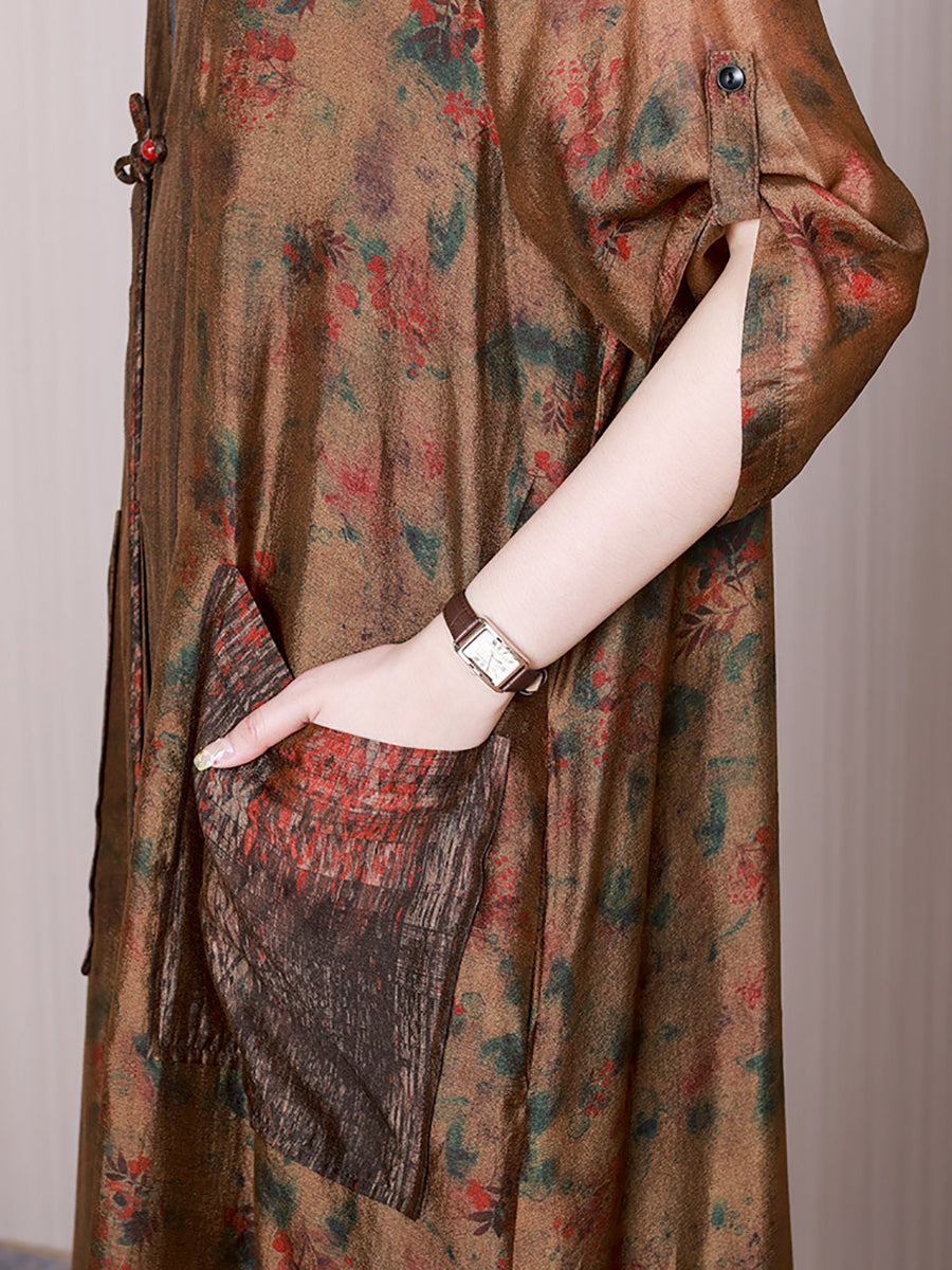 Women Summer Retro Floral Spliced Silk Long Shirt Coat QW1009 Ada Fashion
