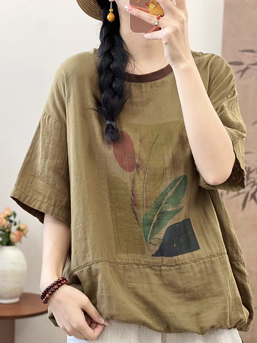 Women Summer Cotton Summer Feather Print Shirt QW1010 Ada Fashion