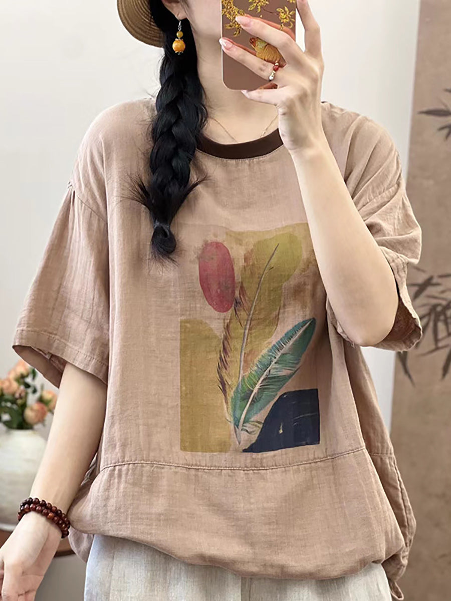 Women Summer Cotton Summer Feather Print Shirt QW1010 Ada Fashion