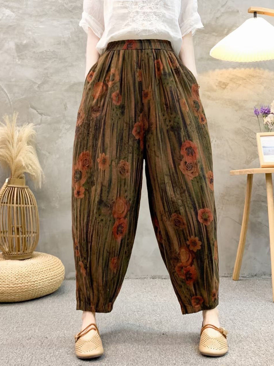 Women Retro Summer Flower Linen Harem Pants QW1011 Ada Fashion