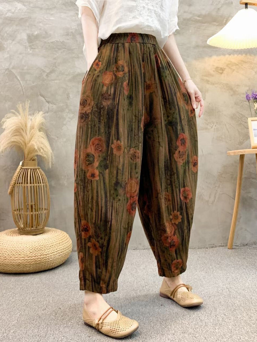 Women Retro Summer Flower Linen Harem Pants QW1011 Ada Fashion