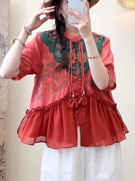 Women Summer Ethnic Embroidery Jacquard Shirt QW1012 Ada Fashion