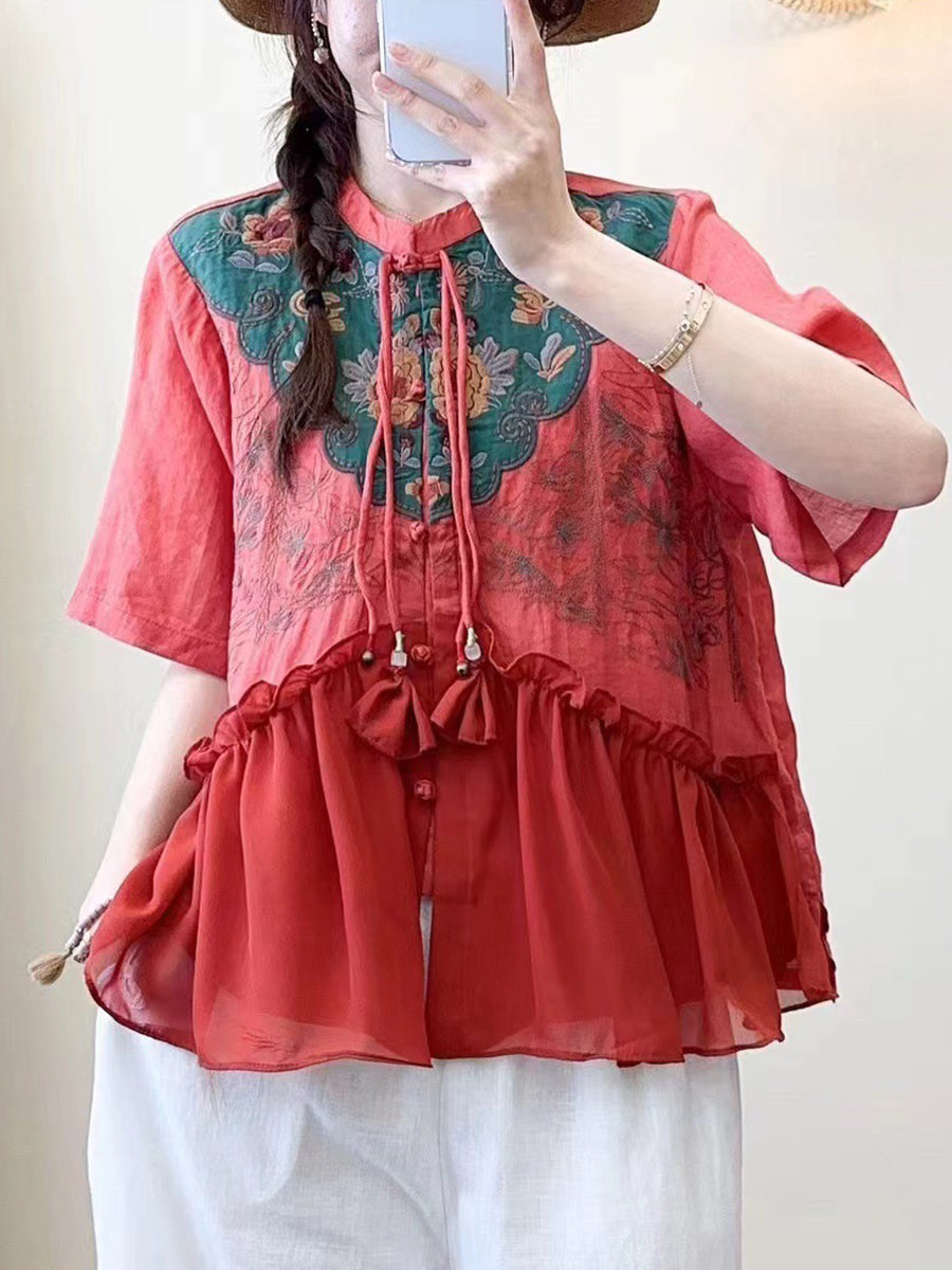 Women Summer Ethnic Embroidery Jacquard Shirt QW1012 Ada Fashion