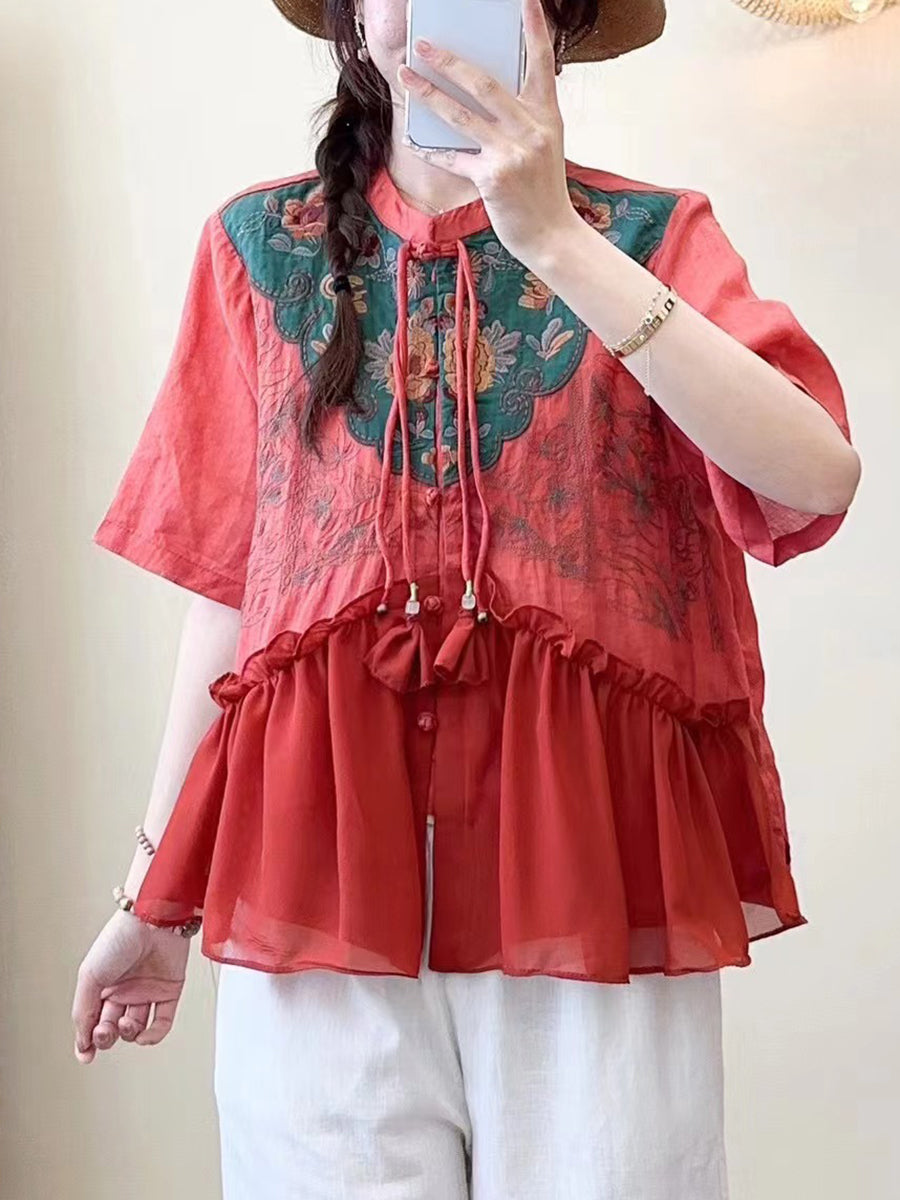 Women Summer Ethnic Embroidery Jacquard Shirt QW1012 Ada Fashion