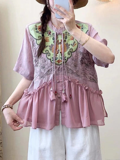 Women Summer Ethnic Embroidery Jacquard Shirt QW1012 Ada Fashion