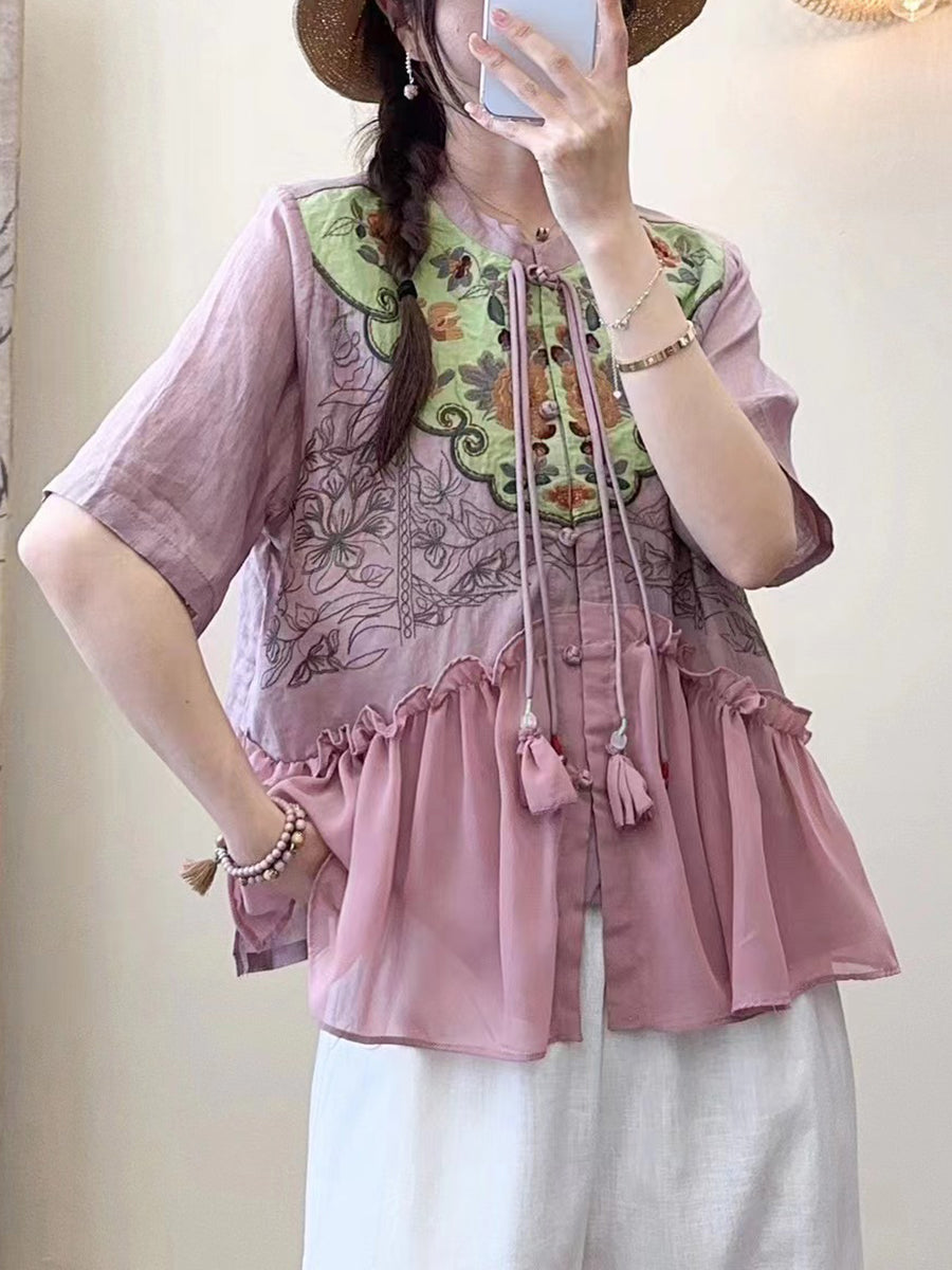 Women Summer Ethnic Embroidery Jacquard Shirt QW1012 Ada Fashion