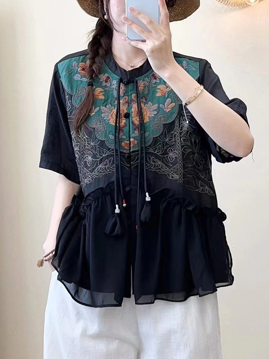 Women Summer Ethnic Embroidery Jacquard Shirt QW1012 Ada Fashion