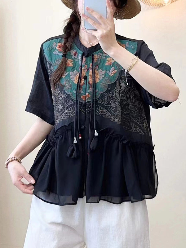Women Summer Ethnic Embroidery Jacquard Shirt QW1012 Ada Fashion